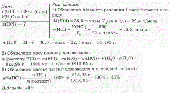 Обчисліть масову частку хлороводню в хлориди і й кислоті, одержаній розчиненням 500 л гідроген хлориду н. y. в 1 л води.