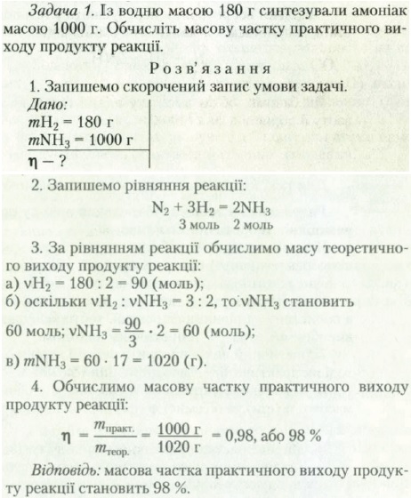 7. Приклад. Задача 1. Із водню масою 180 г синтезували амоніак масою 1000 г. Обчисліть масову частку практичного виходу продукту реакції