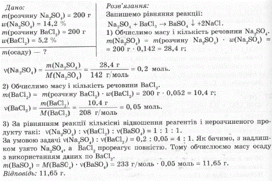 Змішали розчин масою 200 г з масовою часткою натрій сульфа ту 14,2 % і розчин масою 200 г з масовою часткою барій хлори ду 5,2 %. Обчисліть масу