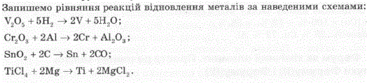 Напишіть рівняння реакцій відновлення металів за схемами: V2O5 + H2 Cr2O3 + Al SnO2 + C TiCl4 + Mg