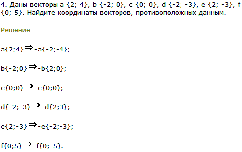 Даны векторы a {2; 4}, b {-2; 0}, c {0; 0}, d {-2;-3}, e {2;-3}, f {0; 5}. Найдите координаты векторов, противоположных данным.