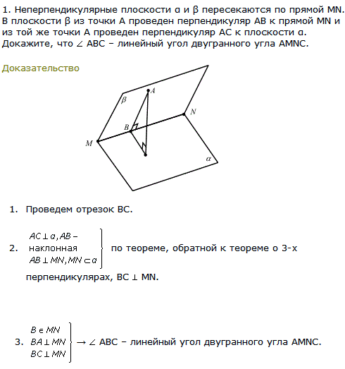 Неперпендикулярные плоскости α и β пересекаются по прямой MN. В плоскости β из точки А проведен перпендикуляр AB к прямой MN и из той же точки