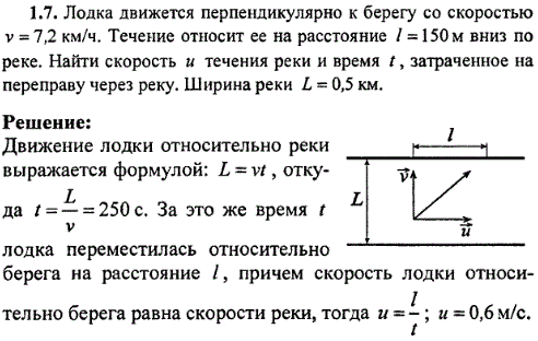 Лодка движется перпендикулярно к берегу со скоростью v=7,2 км/ч. Течение относит ее на расстояние l=150 м вниз по реке. Найти скорость u течения