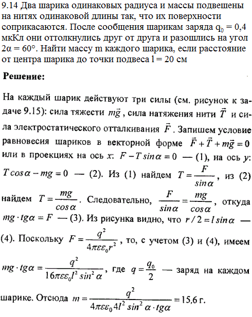 Два шарика одинаковых радиуса и массы подвешены на нитях одинаковой длины так, что их поверхности соприкасаются. После сообщения шарикам заряда