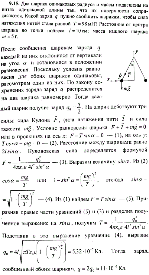 Два шарика одинаковых радиуса и массы подвешены на нитях одинаковой длины так, что их поверхности соприкасаются. Какой заряд q нужно сообщить