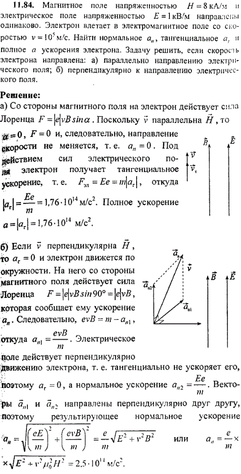 Магнитное поле напряженностью H=8 кА/м и электрическое поле напряженностью E=1 кВ/м направлены одинаково. Электрон влетает в электромагнитное