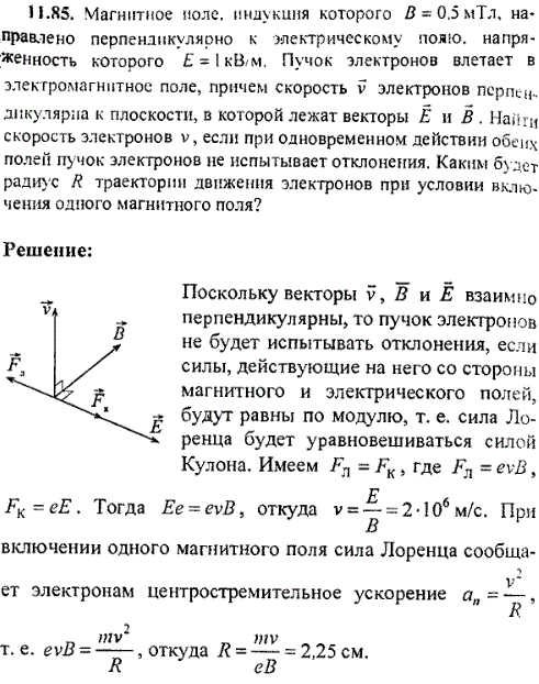 Магнитное поле, индукция которого B=0,5 мТл, направлено перпендикулярно к электрическому полю, напряженность которого E=1 кВ/м. Пучок электронов