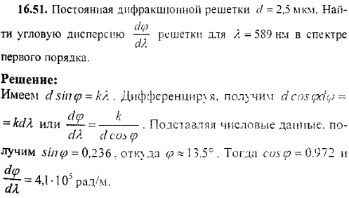 Постоянная дифракционной решетки d=2,5 мкм. Найти угловую дисперсию ^dφ/dλ решетки для λ=589 нм в спектре первого порядка.